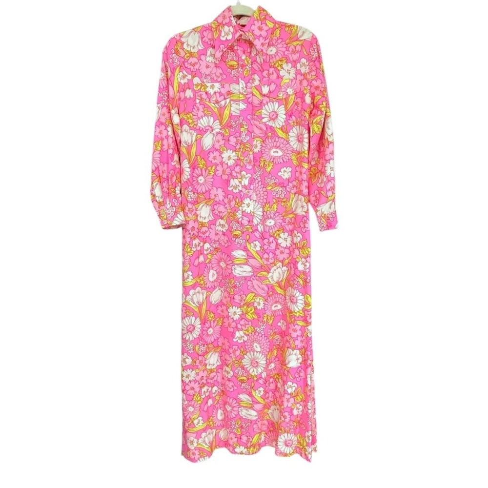 Vintage The Lilly Lilly Pulitzer Pink Floral Silk Maxi Shirt Dress 678 Size 6